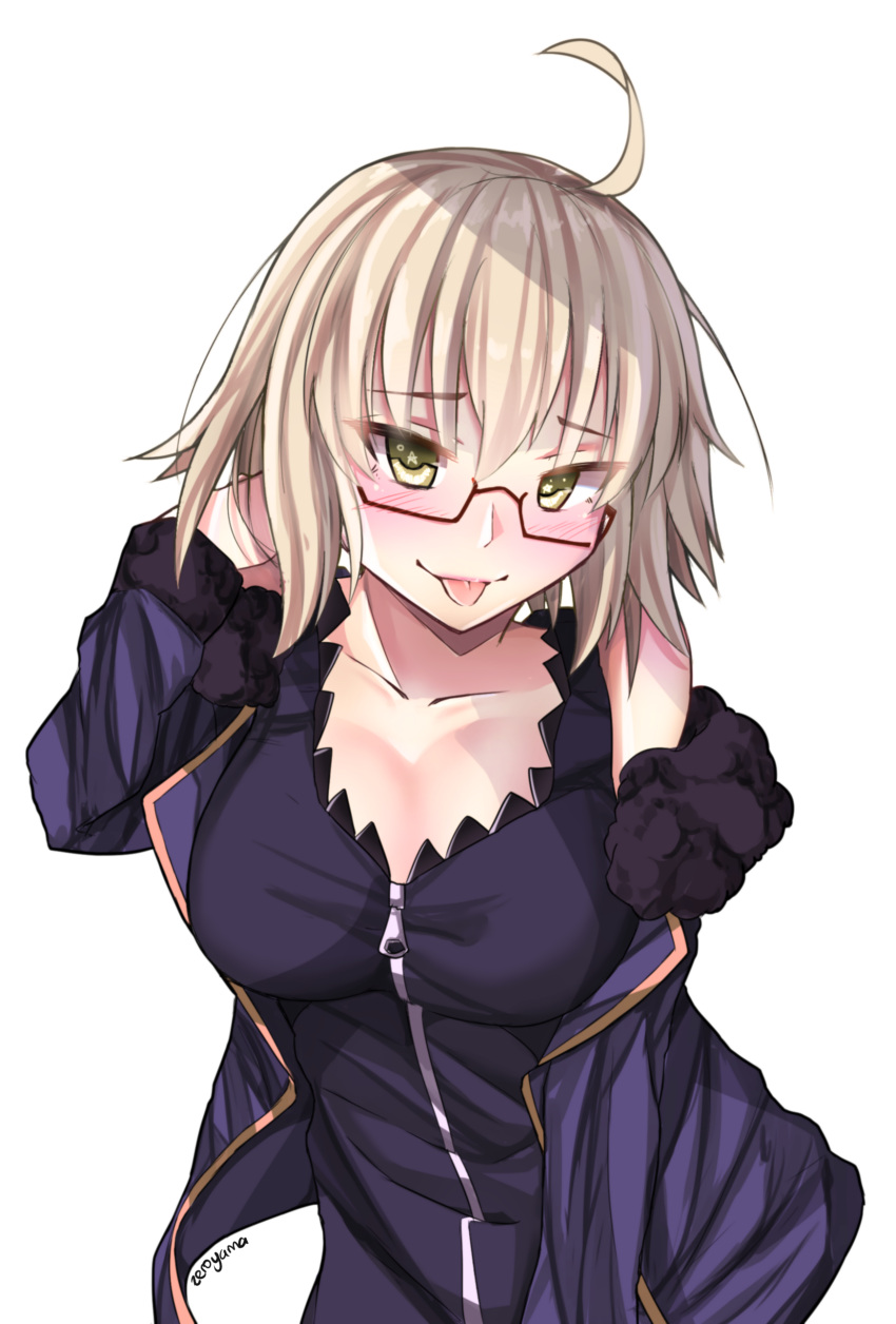 1girl :p absurdres artist_name bare_shoulders blonde_hair blush breasts cleavage dress fate/grand_order fate_(series) glasses green_dress hand_in_hair highres jacket jeanne_alter large_breasts off_shoulder red-framed_eyewear ruler_(fate/apocrypha) semi-rimless_glasses short_hair solo star star-shaped_pupils symbol-shaped_pupils tongue tongue_out under-rim_glasses zeroyama zipper_pull_tab