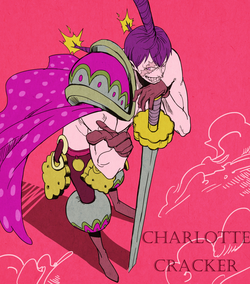 1boy absurdres boots cape character_name charlotte_cracker gloves hair_bun highres male_focus one_piece pink_background purple_hair scar shirtless simple_background solo sword teeth weapon