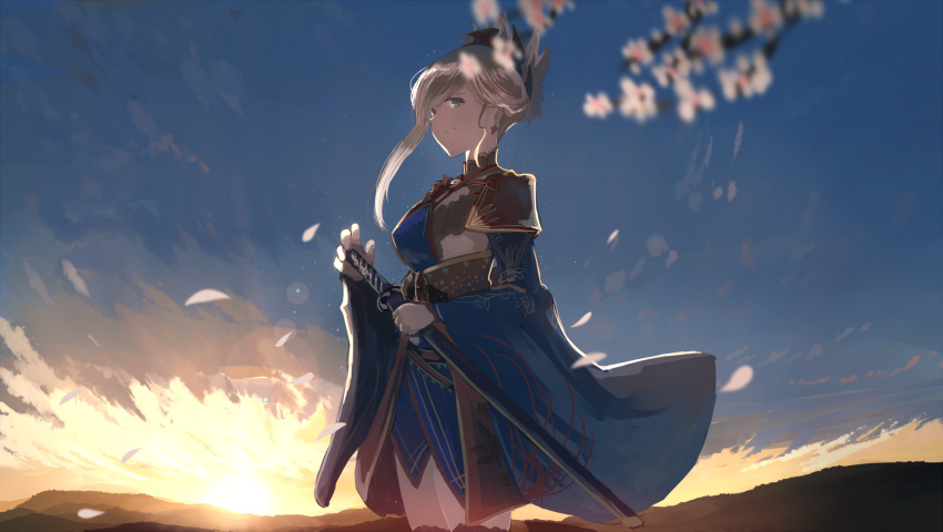 1girl blue_eyes breasts detached_sleeves dusk earrings fate/grand_order fate_(series) hair_ornament highres japanese_clothes jewelry katana kimono large_breasts looking_at_viewer mifuru miyamoto_musashi_(fate/grand_order) mountain nature petals pink_hair ponytail sash smile solo sun sunlight sword thigh-highs tree_branch weapon