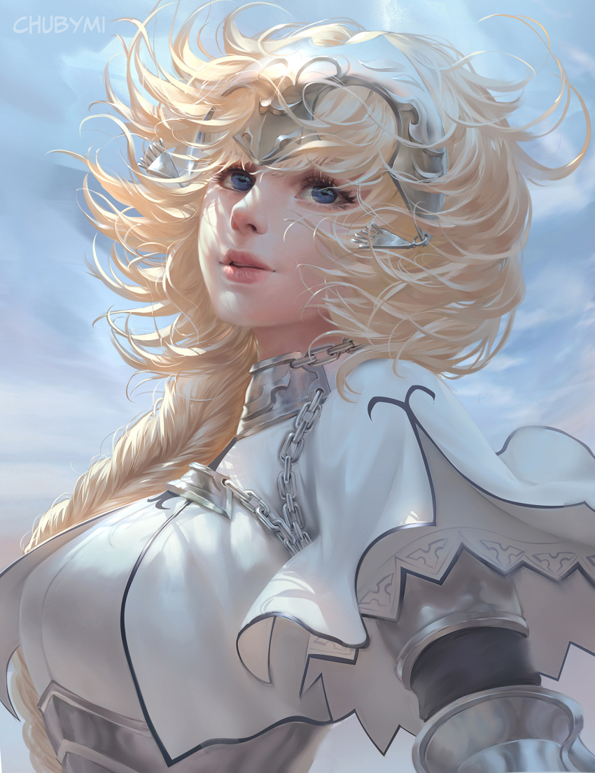 1girl artist_name blonde_hair blue_eyes blue_sky breasts chains chuby_mi day eyelashes fate_(series) highres jeanne_d'arc lips long_hair medium_breasts nose parted_lips pink_lips sky solo sunlight watermark