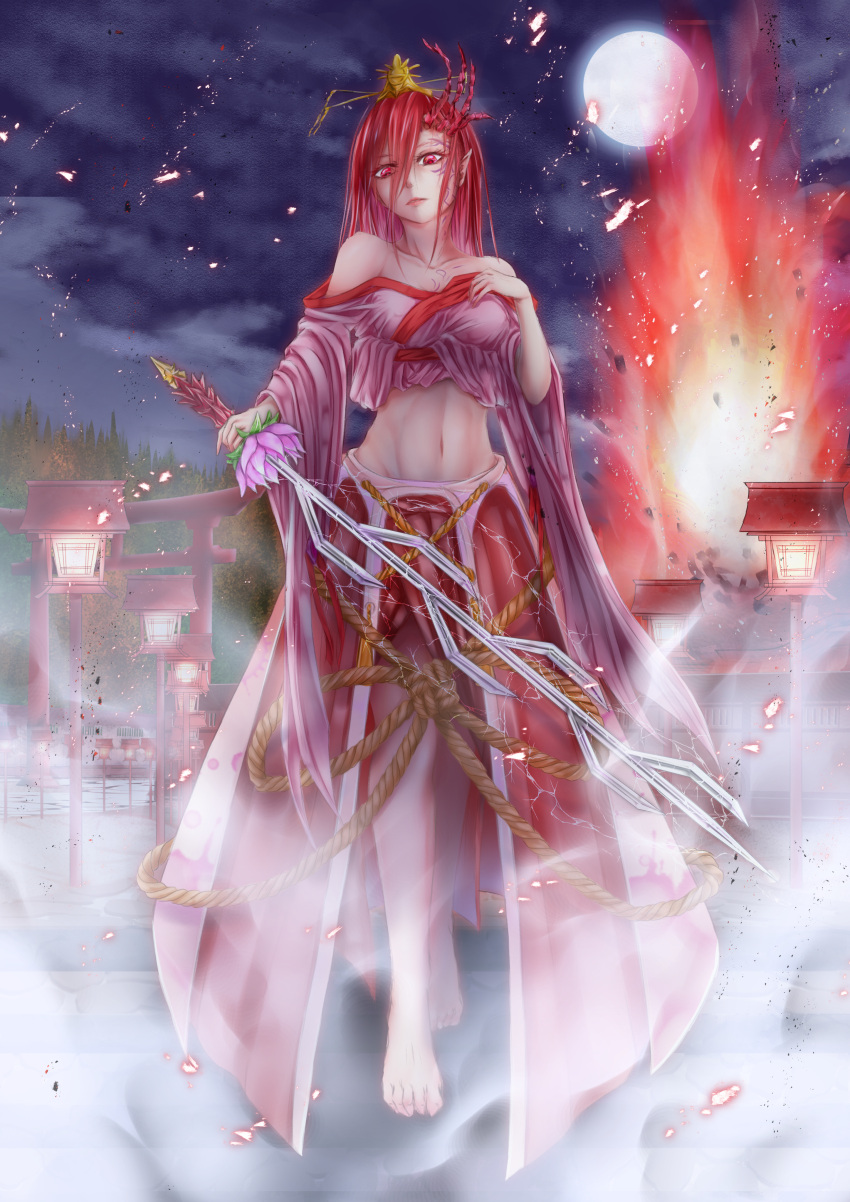 1girl absurdres artist_request bare_shoulders breasts closed_mouth collarbone fog full_body full_moon hair_ornament hair_stick highres holding holding_sword holding_weapon horns japanese_clothes long_hair long_sleeves looking_at_viewer medium_breasts miko moon navel night original pointy_ears red_eyes red_skirt redhead seven-branched_sword skirt solo standing stomach sword weapon wide_sleeves