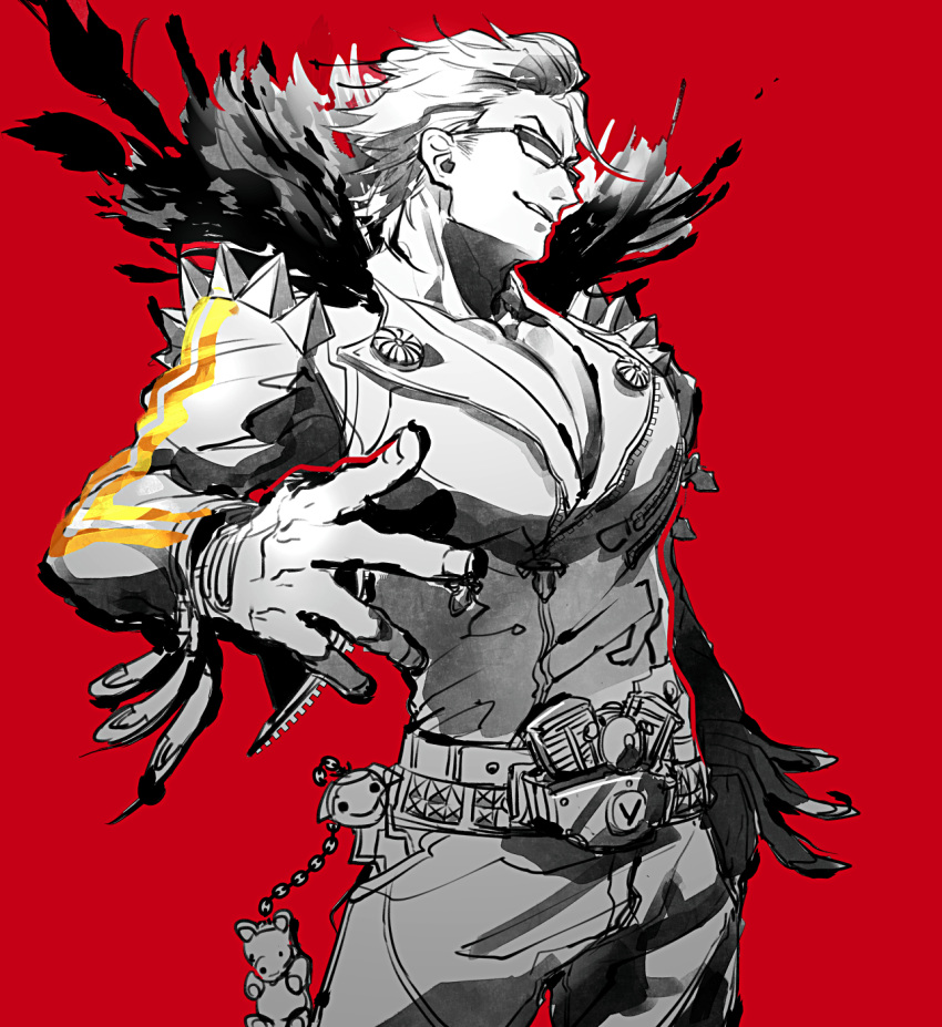 1boy belt chains cowboy_shot fate/grand_order fate_(series) fur_trim greyscale grin hair_slicked_back hand_on_hip highres jacket looking_at_viewer male_focus monochrome pants pointing pointing_at_viewer red_background sakata_kintoki_(fate/grand_order) shoulder_spikes simple_background smile solo spikes spot_color standing stuffed_animal stuffed_toy sunglasses teddy_bear yosi135