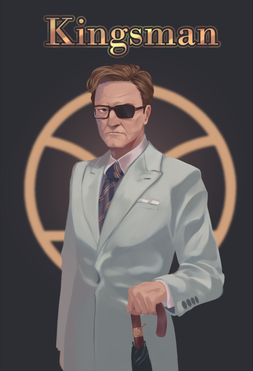 1boy blue_neckwear brown_hair character_request closed_mouth copyright_name glasses highres holding holding_umbrella kingsman:_the_secret_service litra_(ltr0312) long_sleeves looking_at_viewer necktie old_man short_hair solo umbrella