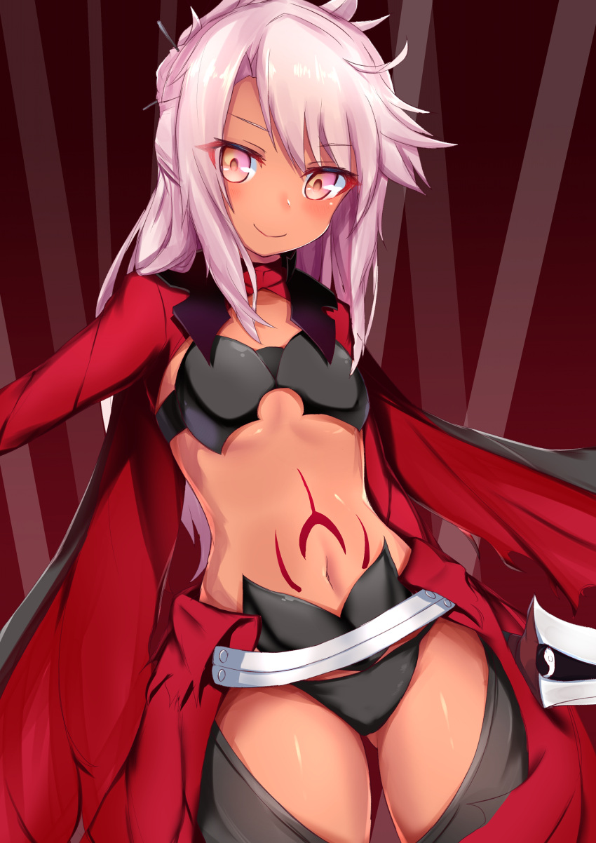 1girl absurdres bikini bikini_top black_bikini black_panties cape chloe_von_einzbern commentary_request dark_skin fate/kaleid_liner_prisma_illya fate_(series) flat_chest folded_ponytail highres long_hair looking_at_viewer nanakaku navel panties pink_eyes pink_hair smile solo stomach_tattoo swimsuit sword tattoo thigh_strap underwear waist_cape weapon