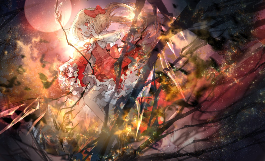 1girl adapted_costume bare_legs blonde_hair bow cierra_(ra-bit) dress flandre_scarlet full_body full_moon hair_bow long_sleeves moon open_mouth outdoors red_bow red_dress red_eyes short_dress smile solo standing touhou tree wings