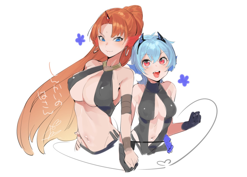 2girls :d assassin_(fate/prototype_fragments) assassin_(fate/prototype_fragments)_(cosplay) assassin_(fate/zero) bangs bare_shoulders black_gloves blue_eyes blush breasts character_request cleavage_cutout closed_mouth collar commentary_request cosplay cropped_legs eyebrows_visible_through_hair fate_(series) female_assassin_(fate/zero) female_assassin_(fate/zero)_(cosplay) gloves hair_between_eyes hand_holding hand_on_hip head_fins heart highres horn horns large_breasts leotard long_hair looking_at_viewer mermaid_melody_pichi_pichi_pitch multiple_girls navel navel_cutout open_mouth orange_hair ponytail red_eyes revealing_clothes short_hair signature simple_background sketch slit_pupils smile sweat swimsuit translation_request very_long_hair white_background wntame