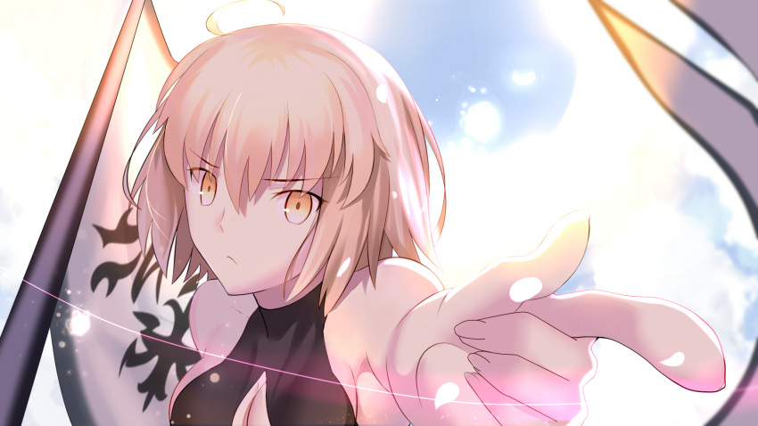 &gt;:&lt; 1girl ahoge bare_shoulders besmiled blonde_hair breasts cleavage closed_mouth fate/grand_order fate_(series) highres jeanne_alter medium_breasts pointing ruler_(fate/apocrypha) sideboob solo standard_bearer upper_body yellow_eyes