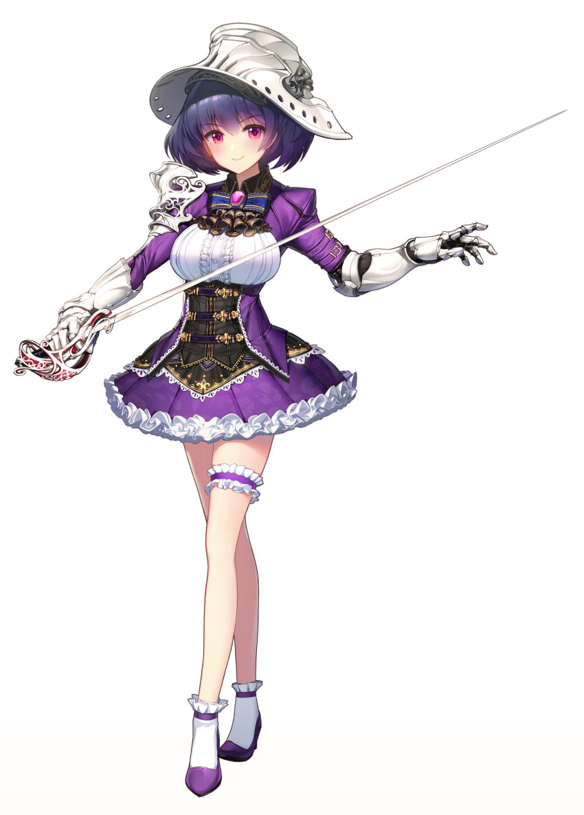 1girl absurdres bangs blue_hair breasts commentary dress eyebrows_visible_through_hair floral_print full_body gauntlets hat highres holding holding_sword holding_weapon long_sleeves looking_at_viewer medium_breasts original rheez short_dress short_hair simple_background smile solo standing sword thigh_strap violet_eyes weapon white_background white_legwear