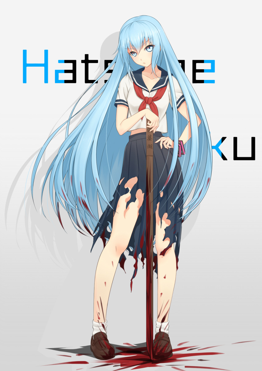 &gt;:/ 1girl :/ anarchojs black_skirt blood bloody_clothes blue_eyes blue_hair blush bokken bracelet brown_footwear character_name closed_mouth contrapposto full_body grey_background hair_down hand_on_hip hatsune_miku highres jewelry legs_apart loafers long_hair long_skirt looking_at_viewer pleated_skirt school_uniform serafuku shirt shoes short_sleeves simple_background skirt socks solo sword torn_clothes torn_skirt very_long_hair vocaloid weapon white_legwear white_shirt wooden_sword