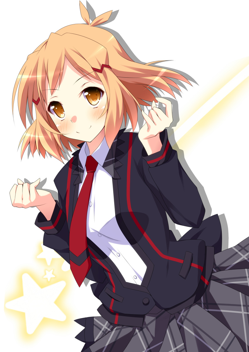 10s 1girl absurdres bad_id bad_pixiv_id brown_eyes brown_hair hair_ornament hairclip highres kurono_yuzuko long_sleeves looking_at_viewer lydian_academy_uniform necktie pleated_skirt red_necktie senki_zesshou_symphogear short_hair skirt smile solo star tachibana_hibiki_(symphogear)