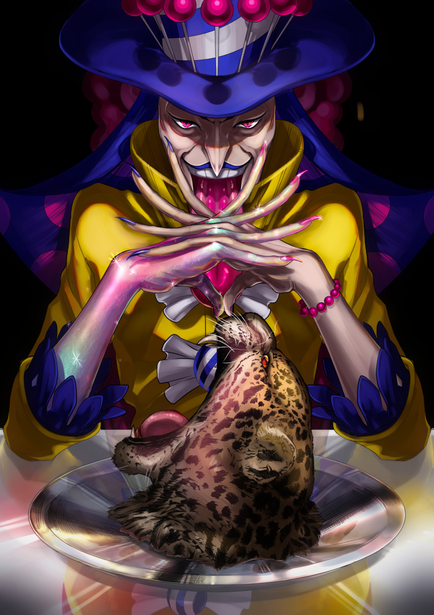 1boy absurdres animal_head bracelet charlotte_perospero fangs hat highres jaguar jaguar_ears jewelry kisantaaaa lipstick makeup male_focus nail_polish one_piece open_mouth pink_eyes solo sparkle teeth tongue tongue_out