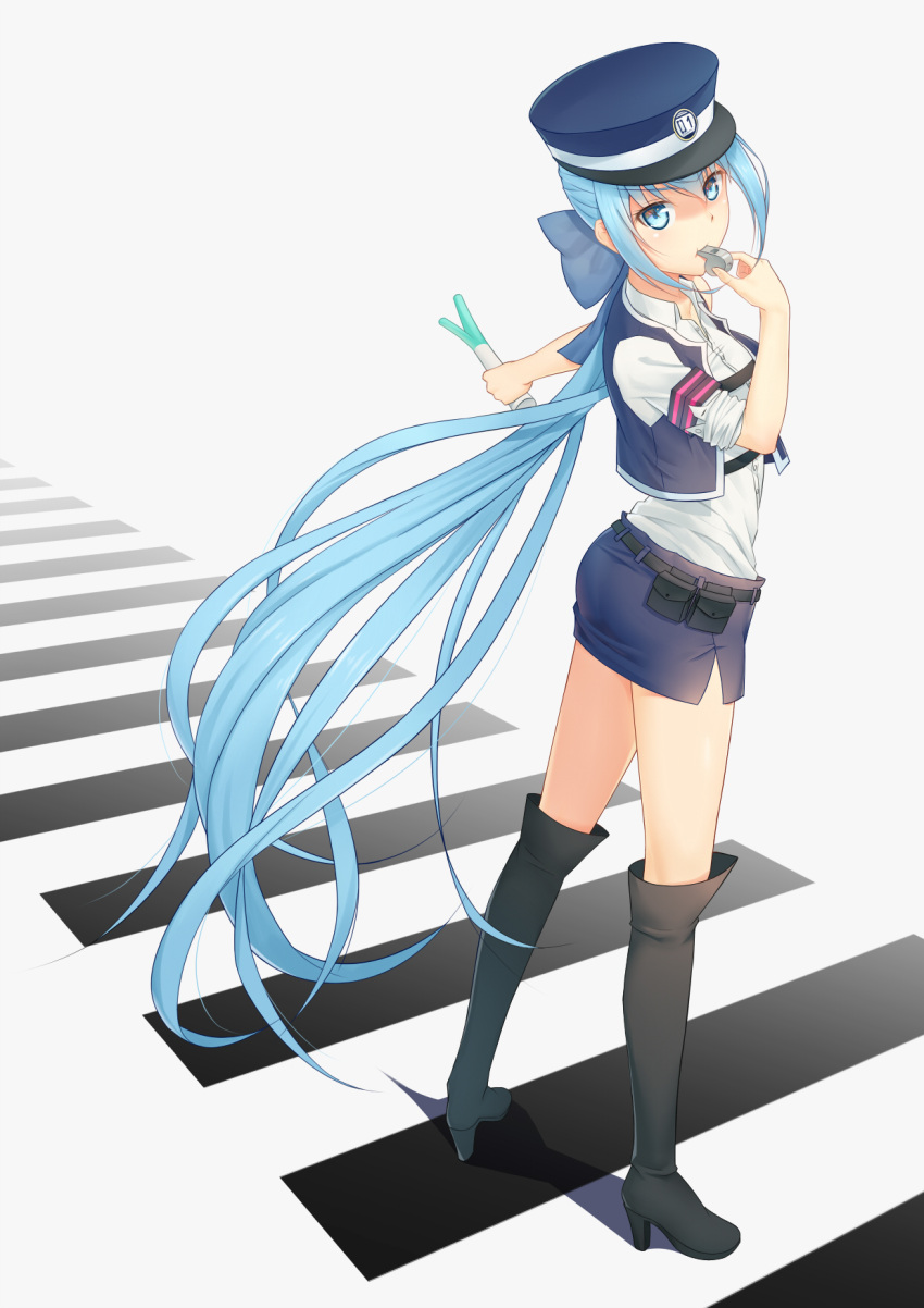 1girl alternate_costume alternate_hairstyle anarchojs armband belt belt_pouch black_footwear blue_eyes blue_hair blue_hat blue_skirt blue_vest blush boots bow crosswalk from_behind full_body hair_bow hat hatsune_miku highres holding knee_boots legs_apart long_hair looking_at_viewer looking_back low_ponytail miniskirt open_clothes open_vest outstretched_arm police police_uniform policewoman shirt skirt sleeves_pushed_up solo spring_onion standing uniform very_long_hair vest vocaloid white_shirt