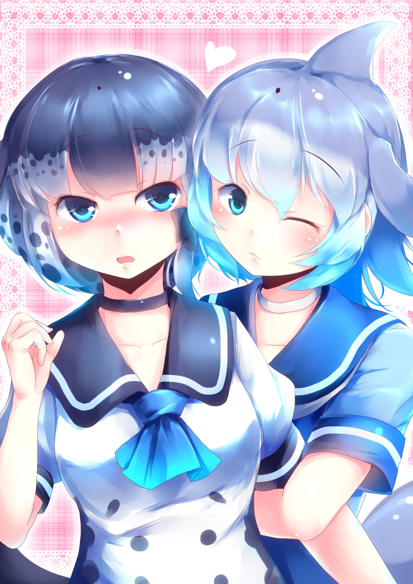 2girls ;3 absurdres arm_hug ascot blue_hair blush bow choker commentary common_bottlenose_dolphin_(kemono_friends) eyebrows_visible_through_hair gradient_hair grey_hair hair_bow head_fins heart highres kanzakietc kemono_friends looking_at_viewer multicolored_hair multiple_girls narwhal_(kemono_friends) nose_blush open_mouth puffy_short_sleeves puffy_sleeves sailor_collar short_hair short_sleeves spotted_hair upper_body white_hair yuri