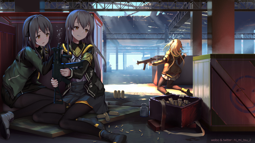 6+girls armband bangs black_footwear black_legwear black_skirt blonde_hair blush boots brown_hair bullet clenched_teeth crate day eyebrows_visible_through_hair finger_on_trigger girls_frontline grey_hair highres indoors jacket kneeling light_rays long_hair magazine multiple_girls one_side_up open_clothes open_jacket open_mouth pantyhose pleated_skirt sitting skirt sunbeam sunlight suspenders tareme teeth thighband_pantyhose tokinohimitsu twitter_username two_side_up ump40_(girls_frontline) ump45_(girls_frontline) ump9_(girls_frontline) wariza water_gun weibo_username yokozuwari