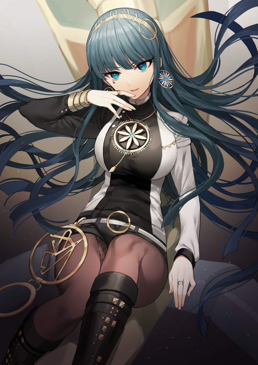 1girl bangs black_footwear black_shorts blue_eyes blue_hair boots breasts cleopatra_(fate/grand_order) earrings eye_of_horus fate/grand_order fate_(series) floating_hair gambe headband highres jewelry knee_boots large_breasts long_hair long_sleeves pantyhose parted_lips short_shorts shorts sidelocks sitting smile solo tsurime very_long_hair
