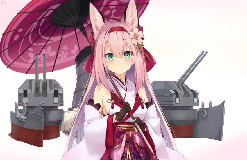 1girl animal_ears azur_lane bangs bare_shoulders blush closed_mouth commentary_request detached_sleeves eyebrows_visible_through_hair flower fox_ears fox_girl gloves green_eyes hair_between_eyes hair_flower hair_ornament hairband hanazuki_(azur_lane) holding holding_umbrella kn2 long_hair looking_at_viewer pink_hair red_hairband umbrella white_background wide_sleeves