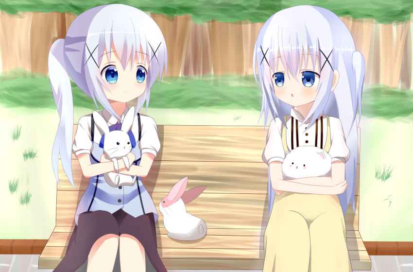 2girls alternate_hairstyle angora_rabbit animal bangs bench black_skirt blue_bow blue_eyes blue_hair blue_vest blush bow chestnut_mouth closed_mouth collared_shirt commentary_request day dress dual_persona eye_contact eyebrows_visible_through_hair gochuumon_wa_usagi_desu_ka? hair_between_eyes hair_ornament holding holding_animal kafuu_chino long_hair looking_at_another multiple_girls outdoors park_bench parted_lips ponytail rabbit rabbit_house_uniform shin01571 shirt short_sleeves sidelocks sitting skirt smile tareme tippy_(gochiusa) two_side_up undershirt very_long_hair vest white_shirt x_hair_ornament yellow_dress