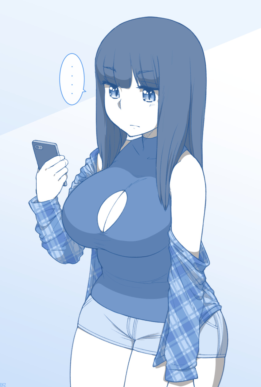 ... 1girl arm_at_side bangs bare_shoulders black_hair blue blunt_bangs blush breasts cellphone cleavage cleavage_cutout closed_mouth collarbone cowboy_shot curvy ekz_(drawfag) eyebrows_visible_through_hair frown highres holding holding_phone large_breasts long_hair long_sleeves monochrome off_shoulder open_clothes open_shirt original phone plaid plaid_shirt shirt short_shorts shorts sketch smartphone solo spoken_ellipsis thick_thighs wide_hips