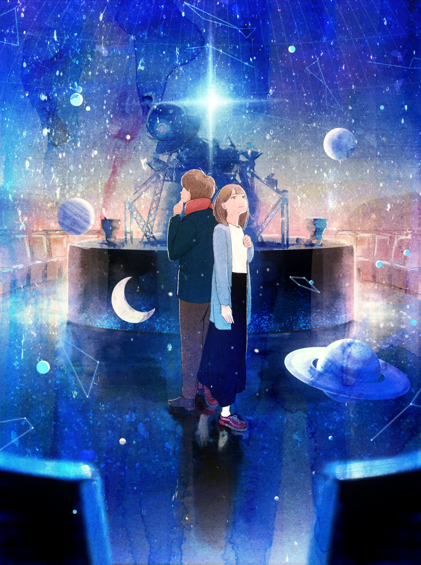 1boy 1girl absurdres blazer blue brown_eyes brown_hair chair constellation crescent_moon hand_on_own_chin highres indoors jacket looking_up moon nakamura_yukihiro original planet planetarium reflection scarf scenery shoes skirt smile sneakers star_(sky) texture