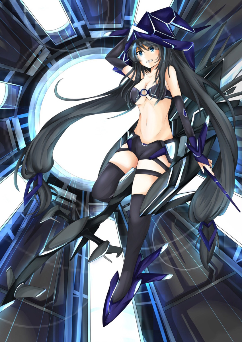 1girl bandeau bare_shoulders black_hair black_legwear blue_eyes blush breasts bridal_gauntlets cleavage collarbone full_body grin hat highres long_hair low-tied_long_hair low_twintails medium_breasts navel o-ring_top original revealing_clothes sarasadou_dan smile solo stomach thigh-highs twintails very_long_hair witch_hat