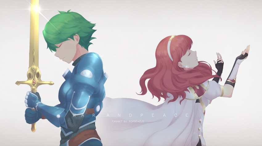 1boy 1girl alm_(fire_emblem) armor cape celica_(fire_emblem) closed_eyes elbow_gloves fire_emblem fire_emblem_echoes:_mou_hitori_no_eiyuuou fire_emblem_gaiden gauntlets gloves green_hair highres holding holding_sword holding_weapon redhead simple_background sword weapon