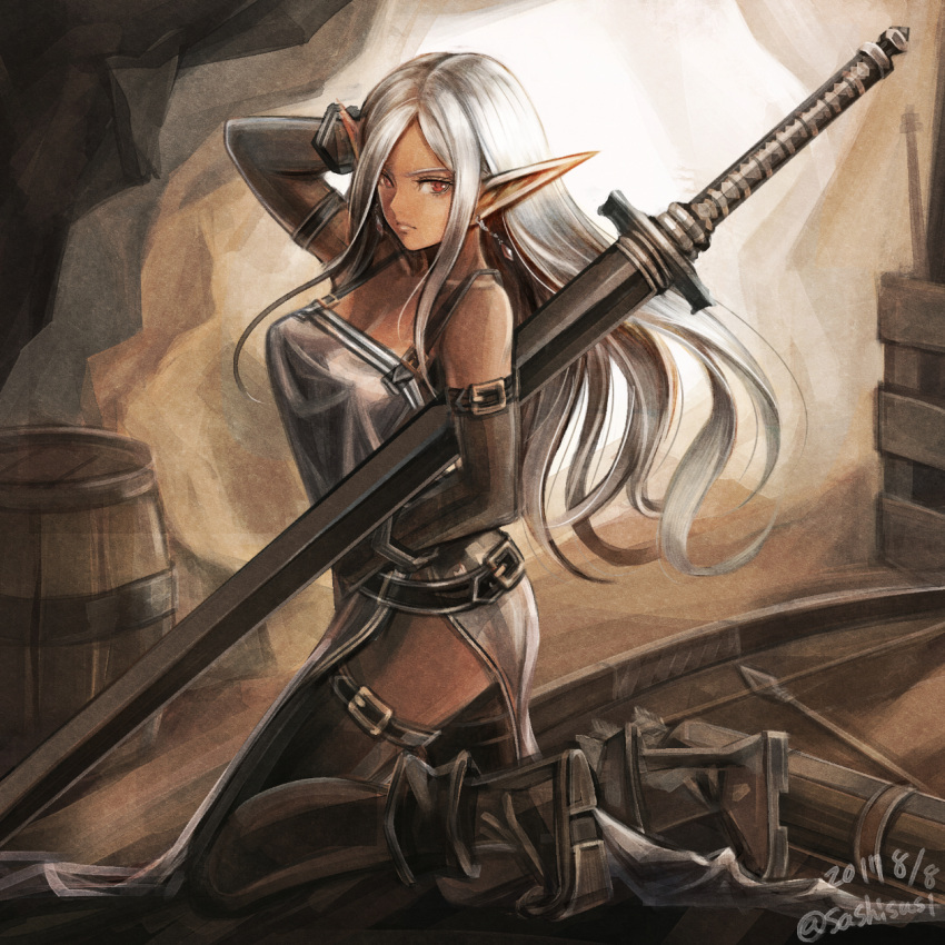 1girl arm_belt arrow bangs barrel belt bow_(weapon) breasts cleavage dark_elf dark_skin dated dress earrings elbow_gloves elf from_side gloves hand_in_hair highres indoors jewelry kneeling light_frown lips long_hair long_sword looking_at_viewer looking_to_the_side medium_breasts on_floor original parted_bangs pointy_ears quiver red_eyes shiny shiny_hair side_slit silver_dress silver_hair sleeveless sleeveless_dress solo sushi_(sashimise) thigh-highs thigh_strap twitter_username weapon