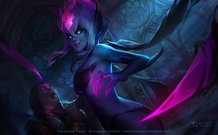 1boy 1girl 2017 artist_name ass black_hair bra breasts claws dated evelynn facial_mark glowing glowing_eyes grabbing_throat highres holding indoors league_of_legends md5_mismatch medium_breasts monster_girl nutthapon_petchthai open_mouth shadow smile smirk solo_focus strapless strapless_bra thong underwear violet_eyes watermark web_address white_eyes white_hair