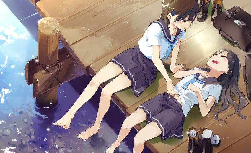 2girls bag barefoot brown_hair feet highres long_hair looking_at_another lying multiple_girls on_back open_mouth original outdoors school_bag school_uniform shoes_removed short_hair sitting toes touching water wooden_floor yuri yuu_(yu1you2iu3)