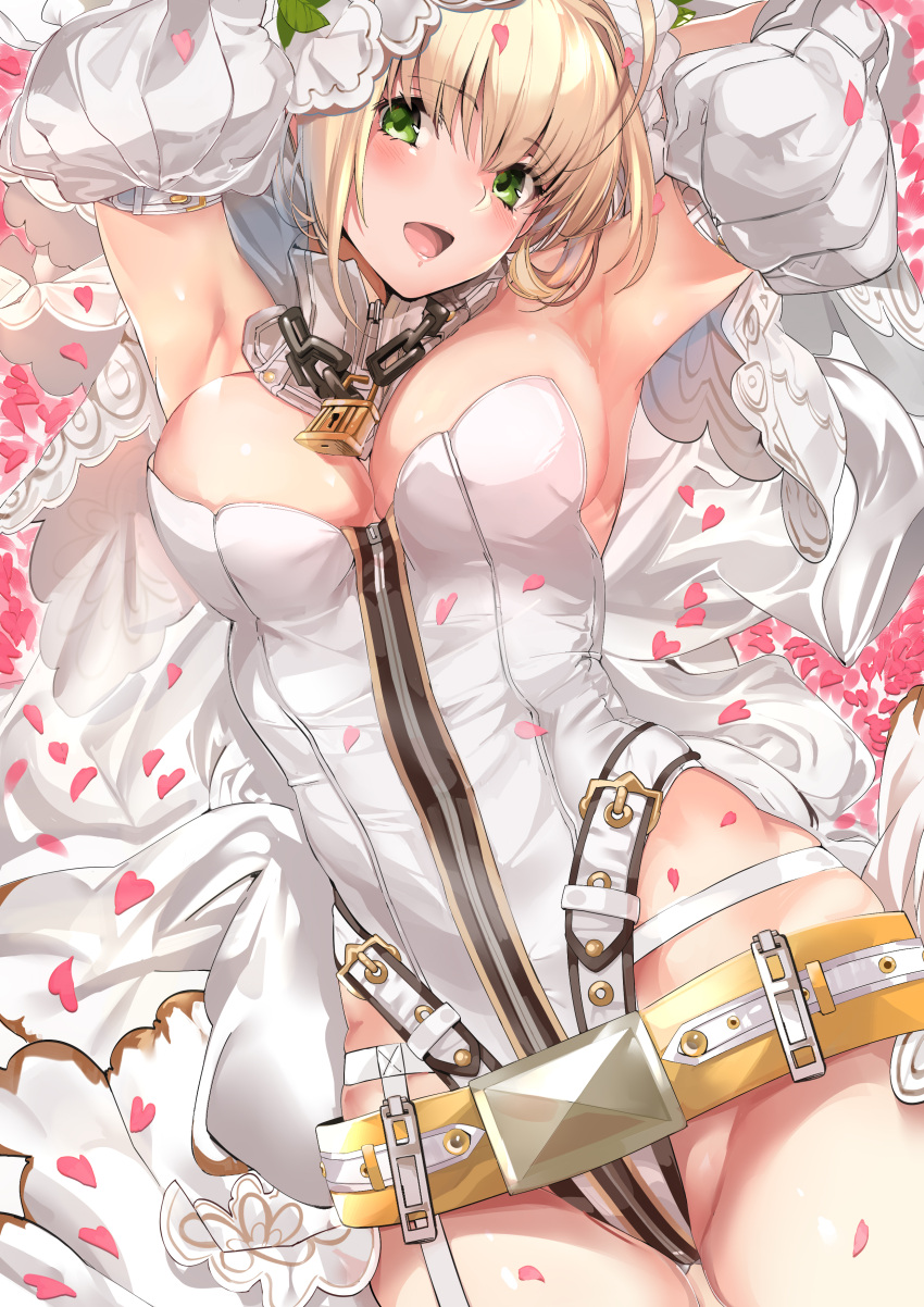 1girl absurdres ahoge armpits arms_up belt blonde_hair blush breasts chains cleavage commentary_request detached_sleeves fate/extra fate/extra_ccc fate_(series) green_eyes highres leotard lock looking_at_viewer lying marushin_(denwa0214) medium_breasts on_back open_mouth padlock petals saber_bride saber_extra smile solo veil zipper