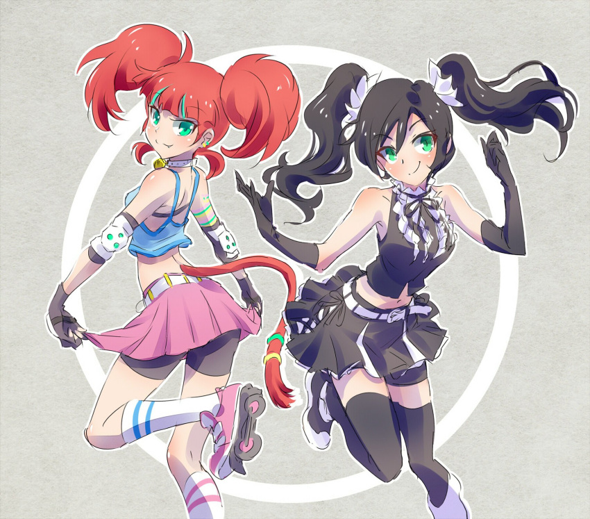 2girls alternate_costume alternate_hairstyle black_hair cat_tail commentary_request cyan_eyes highres iesupa multiple_girls navel neo_(rwby) neon_katt orange_hair roller_skates rwby shorts skates tail twintails