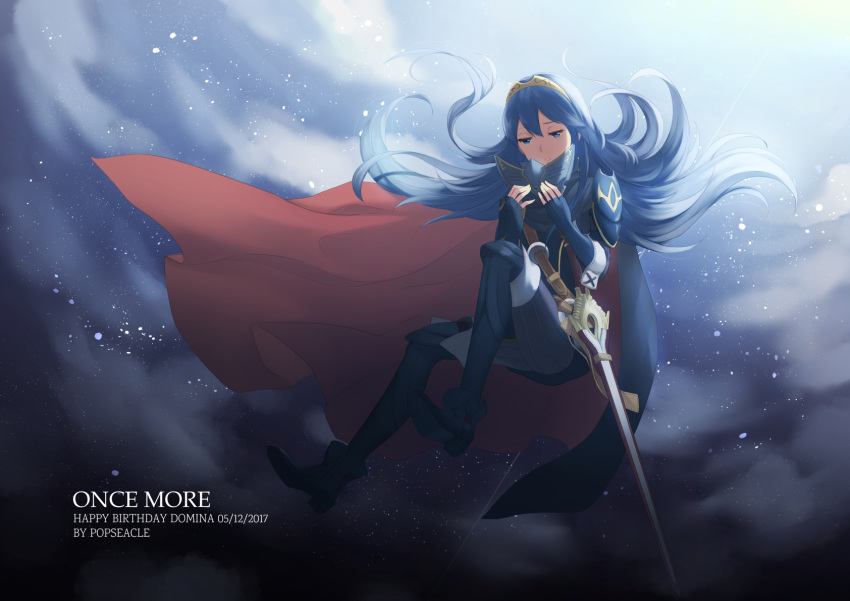 1girl blue_eyes blue_hair boots cape fire_emblem fire_emblem:_kakusei full_body highres long_hair lucina mask mask_removed sheath solo sword thigh-highs weapon