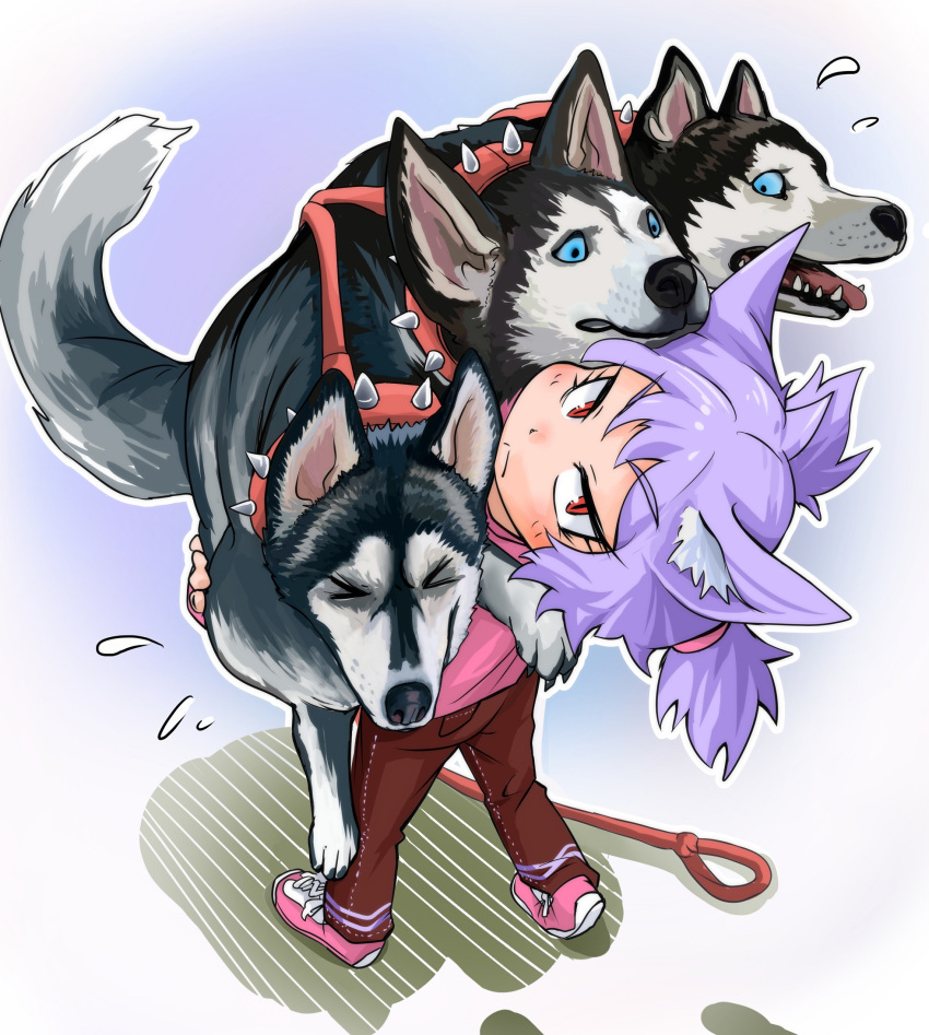 &gt;:( &gt;_&lt; 1girl :&lt; animal animal_ears bangs blue_eyes brown_pants cerberus closed_mouth collar commentary_request dog dog_ears doitsuken eyebrows_visible_through_hair flying_sweatdrops hair_tie highres holding holding_animal lavender_hair leaning_back leash looking_at_another looking_at_viewer open_mouth original pants pink_shirt pink_shoes ponytail red_eyes shirt shoes slit_pupils spiked_collar spikes standing