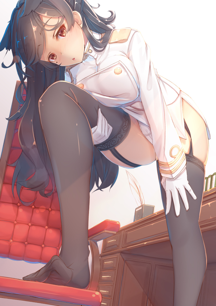 1girl animal_ears atago_(azur_lane) azur_lane bangs black_hair blush book breasts ceiling chair desk epaulettes feet garter_straps gloves hand_on_leg hand_on_thigh highres indoors jacket large_breasts leaning_forward lips long_hair long_sleeves looking_at_viewer medium_breasts military military_uniform mole mole_under_eye naval_uniform no_shoes office_chair parted_lips quill skindentation solo standing_on_chair tatapopo thigh-highs toes uniform white_gloves white_jacket
