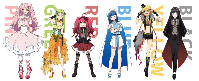 6+girls arm_behind_head bangs black_(konkichi) black_hair blonde_hair blue_(konkichi) blue_eyes blue_hair blunt_bangs braid breasts cape character_name cleavage crop_top crossed_arms detached_collar double_bun double_v dress fang flower full_body genderswap genderswap_(mtf) green_(konkichi) green_eyes green_hair hairband hands_on_hips hat highres konkichi_(flowercabbage) lineup long_hair magical_girl multicolored_hair multiple_girls one_eye_closed open_mouth original pink_(konkichi) pink_hair red_(konkichi) redhead rose sailor_hat see-through short_hair simple_background sleeveless sleeveless_dress smile streaked_hair suspenders twin_braids twintails v white_background white_legwear yellow_(konkichi) yellow_eyes