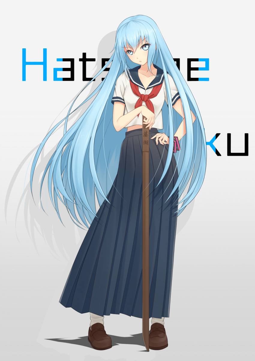 &gt;:/ 1girl :/ anarchojs black_skirt blue_eyes blue_hair blush bokken bracelet brown_footwear character_name closed_mouth commentary_request contrapposto full_body grey_background hair_down hand_on_hip hatsune_miku highres jewelry legs_apart loafers long_hair long_skirt looking_at_viewer pleated_skirt school_uniform serafuku shirt shoes short_sleeves simple_background skirt socks solo sword very_long_hair vocaloid weapon white_legwear white_shirt wooden_sword