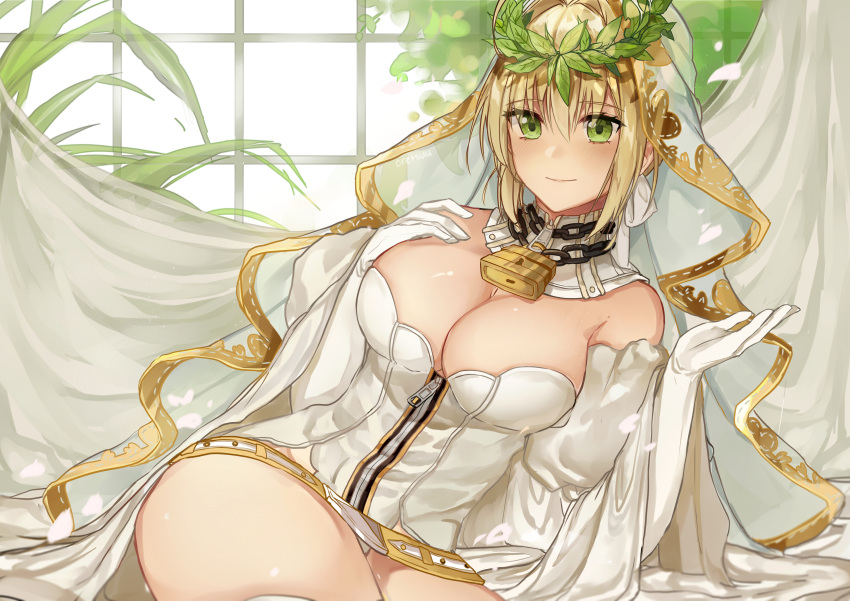1girl absurdres ahoge bangs bare_shoulders blonde_hair blush breasts chains cleavage closed_mouth elbow_gloves fate/extra fate/extra_ccc fate_(series) gloves green_eyes highres large_breasts laurel_crown lock looking_at_viewer lying on_side oretsuu padlock saber_bride saber_extra smile solo veil white_gloves
