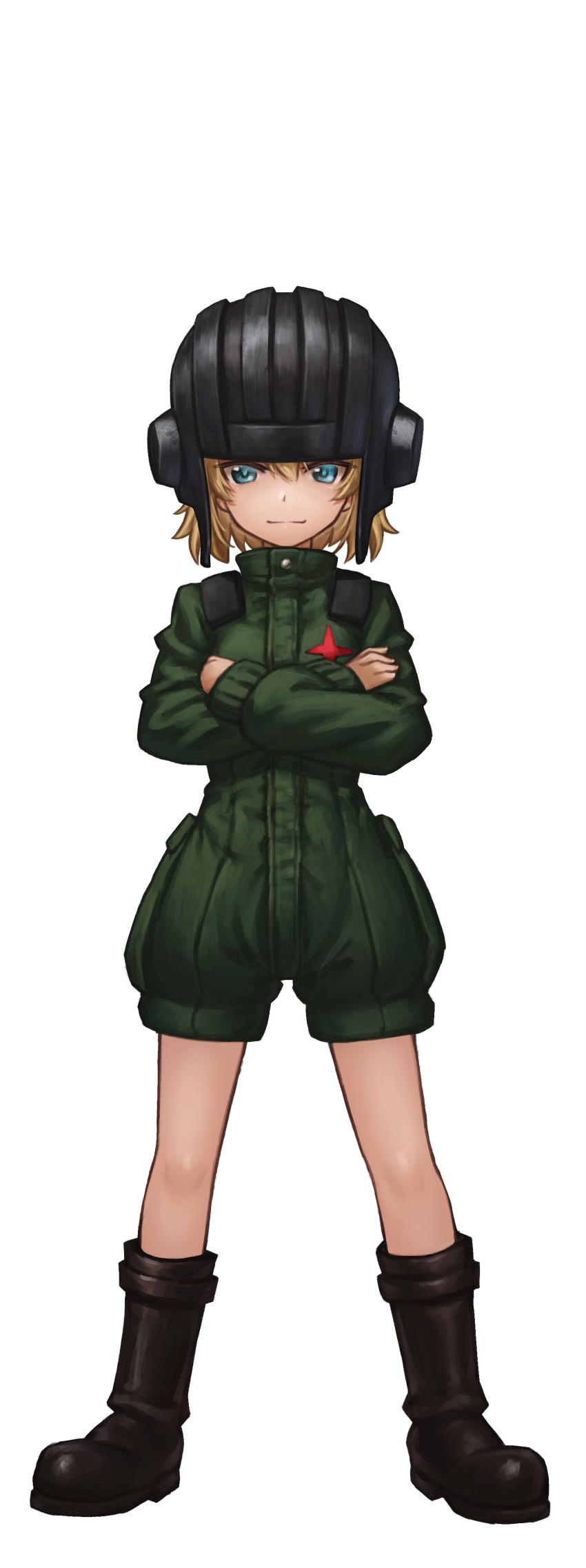 1girl absurdres bangs black_footwear blonde_hair blue_eyes boots closed_mouth commentary crossed_arms emblem full_body girls_und_panzer green_jumpsuit helmet highres katyusha lain long_sleeves looking_at_viewer military military_uniform pravda_military_uniform short_hair short_jumpsuit simple_background smirk solo standing uniform white_background