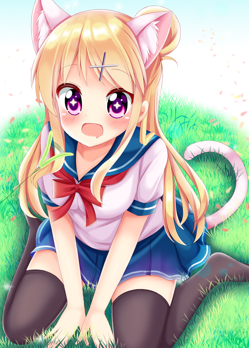 1girl animal_ears between_legs black_legwear blonde_hair blue_sailor_collar blue_skirt blush breasts cat_ears cat_tail cat_teaser collarbone commentary_request eyebrows_visible_through_hair full_body gradient gradient_background grass hair_bun hair_ornament hairclip hand_between_legs highres kemonomimi_mode kin-iro_mosaic kujou_karen long_hair medium_breasts minato_(ojitan_gozaru) no_shoes open_mouth petals pleated_skirt pov sailor_collar short_sleeves sidelocks sitting skirt small_breasts solo sparkling_eyes tail thigh-highs two-tone_background violet_eyes wariza x_hair_ornament