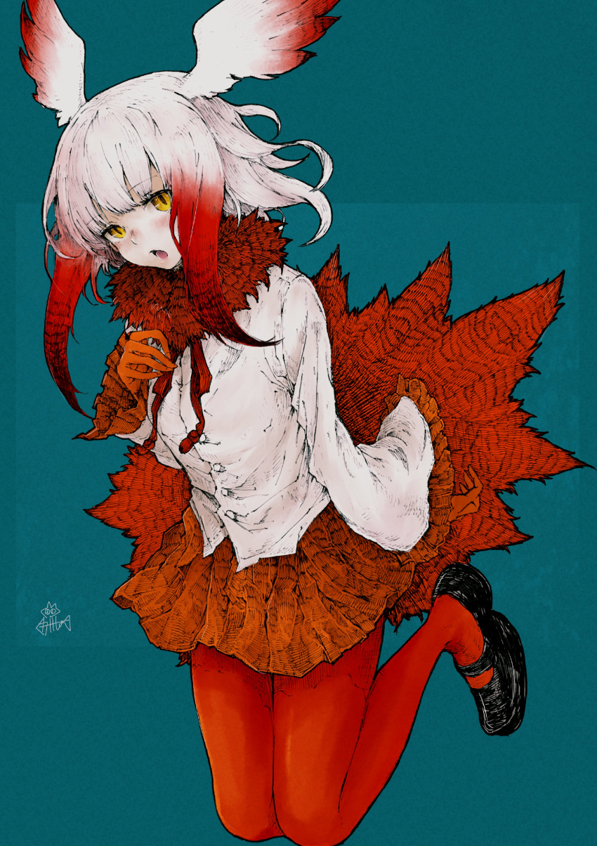1girl :o absurdres bangs bird_tail bird_wings black_footwear black_hair blunt_bangs buttons dress_shirt eyebrows eyebrows_visible_through_hair eyelashes feather_collar feathers flying frilled_sleeves frills full_body gloves gradient_hair gradient_wings hand_on_own_chest highres japanese_crested_ibis_(kemono_friends) kakeshou kemono_friends knees_together_feet_apart legs_up long_hair long_sleeves mary_janes miniskirt multicolored multicolored_hair multicolored_wings open_mouth orange_gloves orange_skirt pantyhose pleated_skirt red_legwear red_wings redhead shirt shoes short_hair_with_long_locks sidelocks skirt solo tail teeth tongue white_hair white_shirt white_wings wide_sleeves wings yellow_eyes