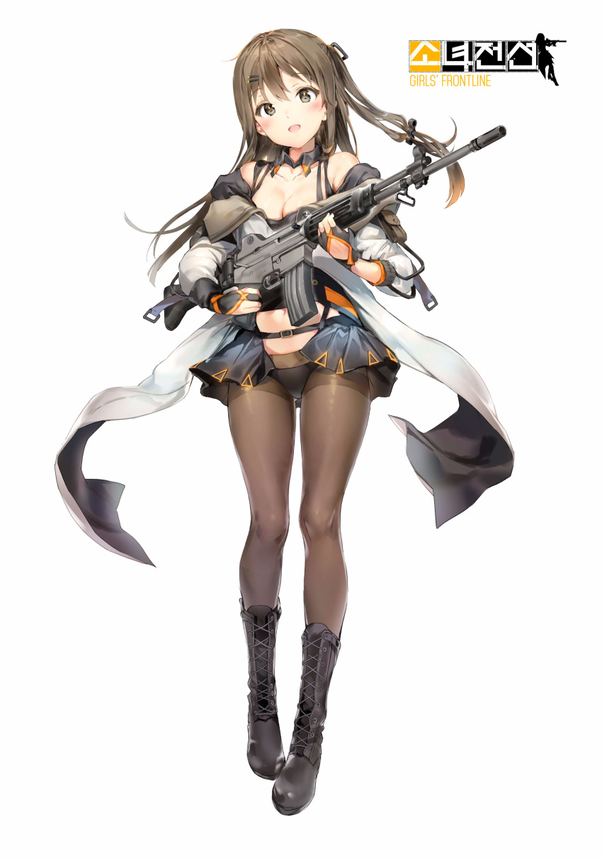 1girl absurdres artist_request assault_rifle bangs bare_shoulders black_panties blush boots breasts brown_eyes brown_hair brown_legwear cleavage collarbone cross-laced_footwear eyebrows_visible_through_hair fingerless_gloves full_body girls_frontline gloves gun hair_ornament hairclip highres holding jacket knee_boots lace-up_boots logo long_hair looking_at_viewer medium_breasts navel open_mouth panties panties_under_pantyhose pantyhose rifle simple_background smile solo standing thighband_pantyhose underwear weapon white_background