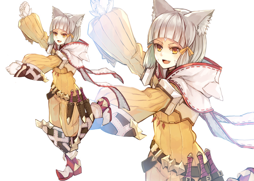 &gt;:d 1girl :d absurdres animal_ears ankle_boots arm_up bangs beltskirt blunt_bangs bodysuit boots brown_belt cat_ears clenched_hands dagger dancing diamond_(shape) eyebrows eyelashes facial_mark facing_away fang flat_chest full_body gem gloves hair_ribbon highres hood hood_down leg_up long_sleeves looking_at_viewer natsuyuki niyah open_mouth outstretched_arms platform_footwear ribbed_bodysuit ribbon ribbon-trimmed_clothes ribbon_trim sheath sheathed short_hair silver_hair simple_background smile solo standing standing_on_one_leg the_monkey tongue tsurime weapon white_background white_gloves xenoblade xenoblade_2 yellow_bodysuit yellow_eyes yellow_ribbon zoom_layer
