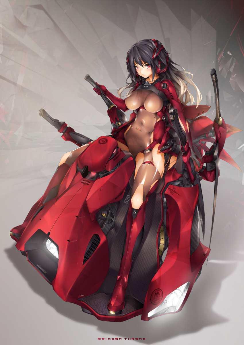 1girl absurdres black_hair bodysuit breasts covered_navel gradient_hair headgear highres impossible_clothes kopianget long_hair looking_at_viewer mecha_musume medium_breasts multicolored_hair original red_eyes science_fiction solo sword weapon