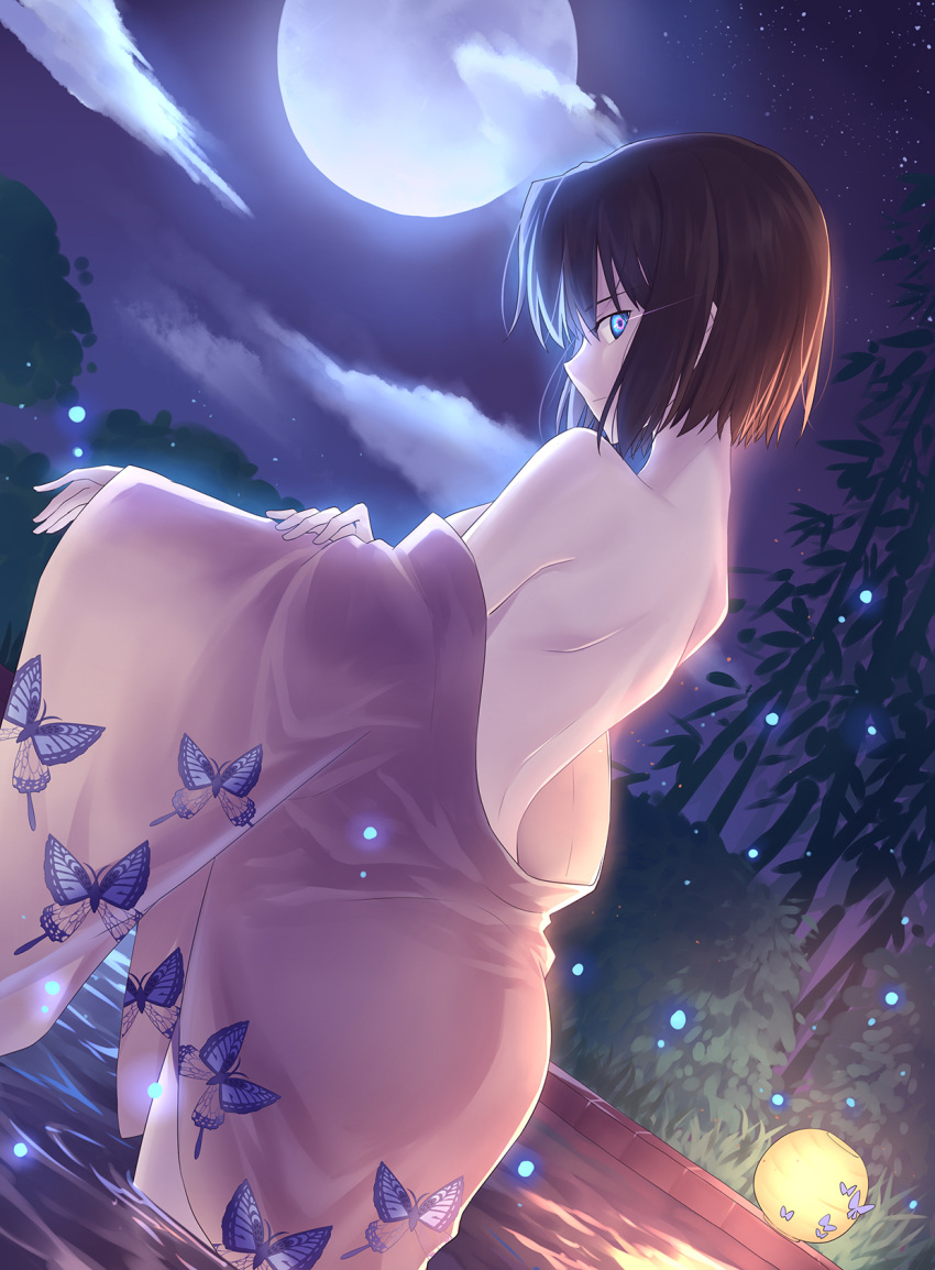 1girl animal_print bare_shoulders blue_eyes breasts brown_hair bush butterfly_print closed_mouth clouds commentary dutch_angle expressionless eyebrows_visible_through_hair from_behind full_moon gogatsu_fukuin highres japanese_clothes kara_no_kyoukai kimono lantern light_trail looking_at_viewer looking_back moon night night_sky pink_kimono ryougi_shiki short_hair shoulder_blades sky solo standing star_(sky) starry_sky tree undressing wading water wide_sleeves