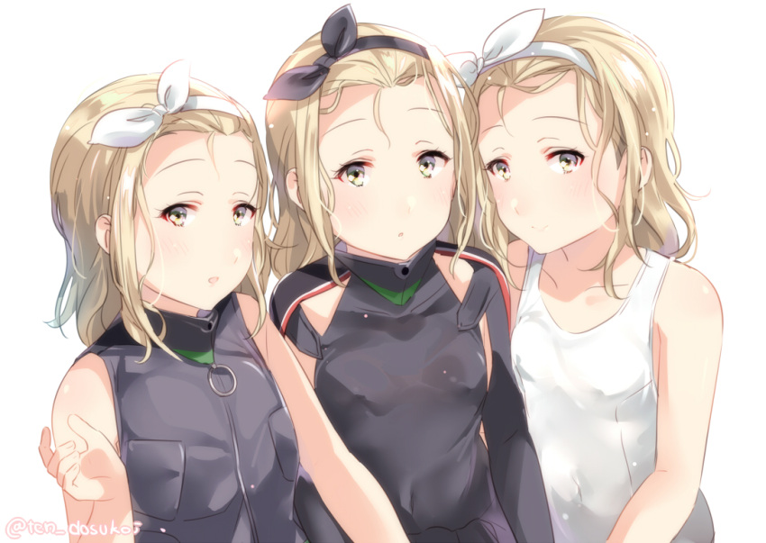 3girls black_hairband blonde_hair breast_pocket detached_sleeves flat_chest green_eyes hairband i-504_(kantai_collection) juurouta kantai_collection looking_at_viewer luigi_torelli_(kantai_collection) multiple_girls multiple_persona pocket school_swimsuit short_hair simple_background sleeveless swimsuit uit-25_(kantai_collection) upper_body wetsuit white_background white_hairband white_school_swimsuit white_swimsuit