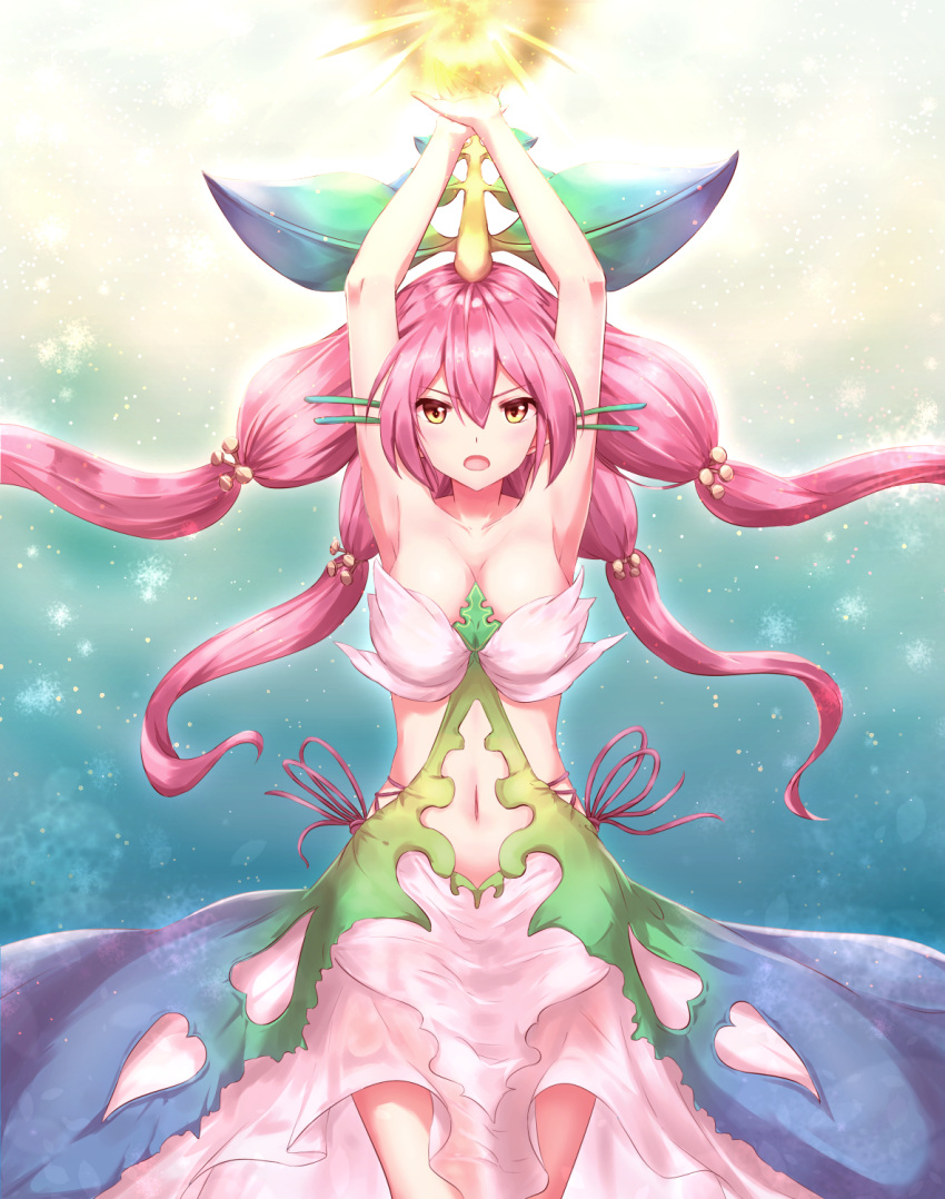 1girl armpits arms_up breasts dress granblue_fantasy highres leaf leaf_on_head long_hair looking_at_viewer medium_breasts navel open_mouth pink_dress pink_hair quad_tails sakaokasan solo yellow_eyes yggdrasill_(granblue_fantasy)