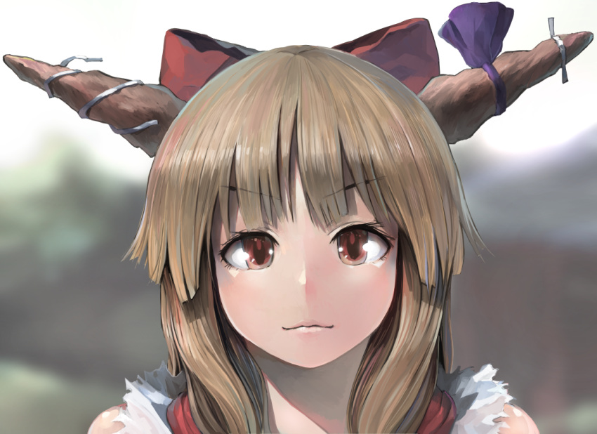 1girl blurry bow brown_hair depth_of_field eyebrows_visible_through_hair eyelashes hair_bow horn_bow horns ibuki_suika ichiba_youichi lips looking_at_viewer outdoors portrait red_eyes sky solo touhou