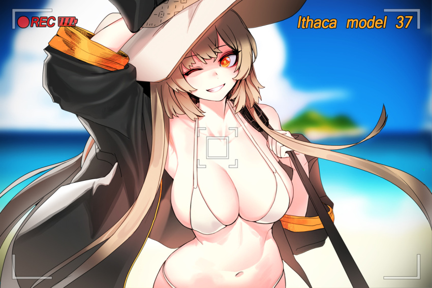 1girl arm_up bangs beach bikini blurry breasts brown_hair cain_(grt1125) character_name cleavage collarbone day depth_of_field eyebrows_visible_through_hair girls_frontline grin hat holding ithaca_m37_(girls_frontline) large_breasts long_hair looking_at_viewer navel one_eye_closed orange_eyes outdoors recording sidelocks smile solo sun_hat swimsuit teeth upper_body very_long_hair viewfinder white_bikini