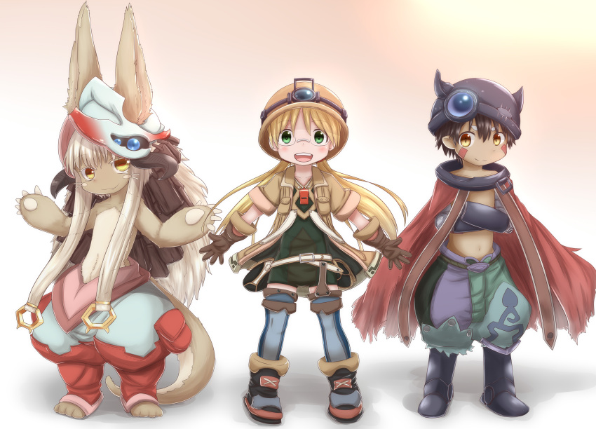 1boy 2girls :3 absurdres blonde_hair blue_legwear blush brown_eyes brown_hair closed_mouth crossed_arms eyebrows_visible_through_hair full_body furry glasses green_eyes helmet highres horokusa_(korai) long_hair looking_at_viewer made_in_abyss multiple_girls nanachi_(made_in_abyss) navel pith_helmet regu_(made_in_abyss) riko_(made_in_abyss) short_hair smile standing teeth thigh-highs twintails white_hair