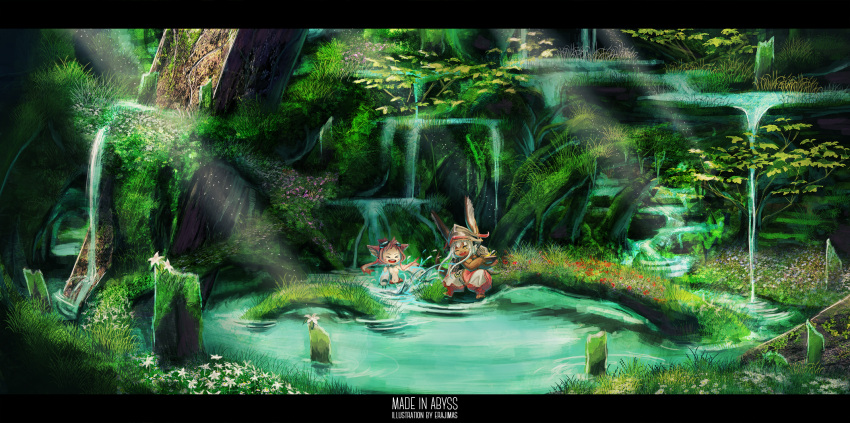 &gt;_&lt; 2girls animal_ears bowl copyright_name facing_another furry highres holding holding_bowl letterboxed long_hair looking_at_another made_in_abyss mitty_(made_in_abyss) multiple_girls nanachi_(made_in_abyss) navel one_eye_closed partially_submerged rabbit_ears redhead samidare_(okayou) scenery water waterfall white_hair yellow_eyes