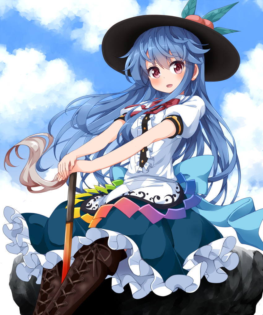 1girl :d bangs between_legs black_hat blue_hair blue_skirt blue_sky blush boots bow bowtie brown_footwear center_frills clouds cross-laced_footwear day eyebrows_visible_through_hair eyelashes floating_rock food frilled_skirt frills fruit hat highres hinanawi_tenshi knee_boots lace-up_boots long_hair looking_at_viewer open_mouth outdoors peach rainbow_order red_bow red_bowtie red_eyes ruu_(tksymkw) shirt short_sleeves sitting skirt sky smile solo sword tareme touhou very_long_hair weapon white_shirt